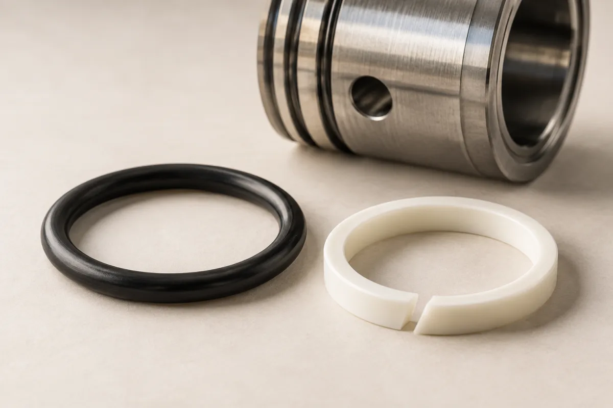 Joint noir et bague de soutien blanche près d’une pièce hydraulique.