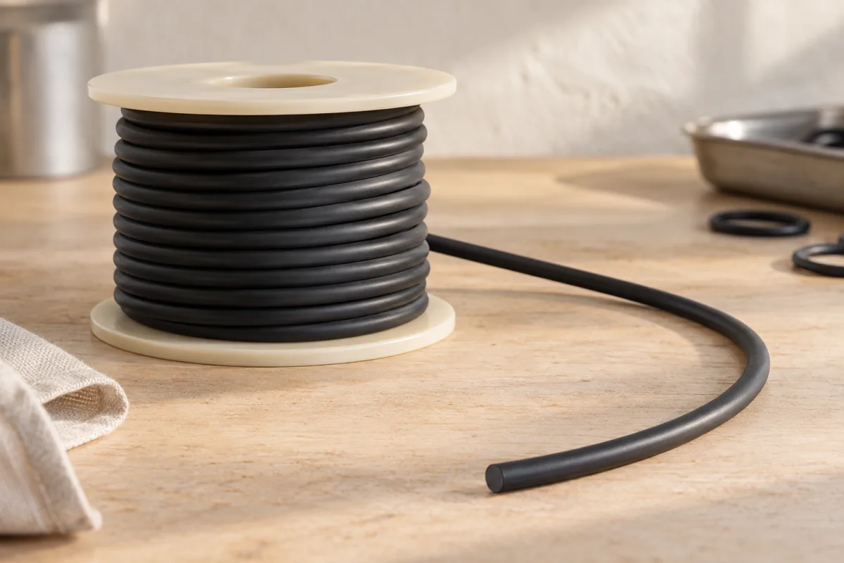 Corde de caoutchouc noire enroulée sur une bobine et déroulée sur l’établi.