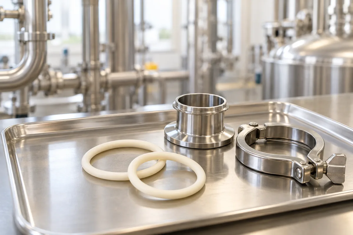 Joints blancs près d’un raccord sanitaire en inox dans un atelier alimentaire.