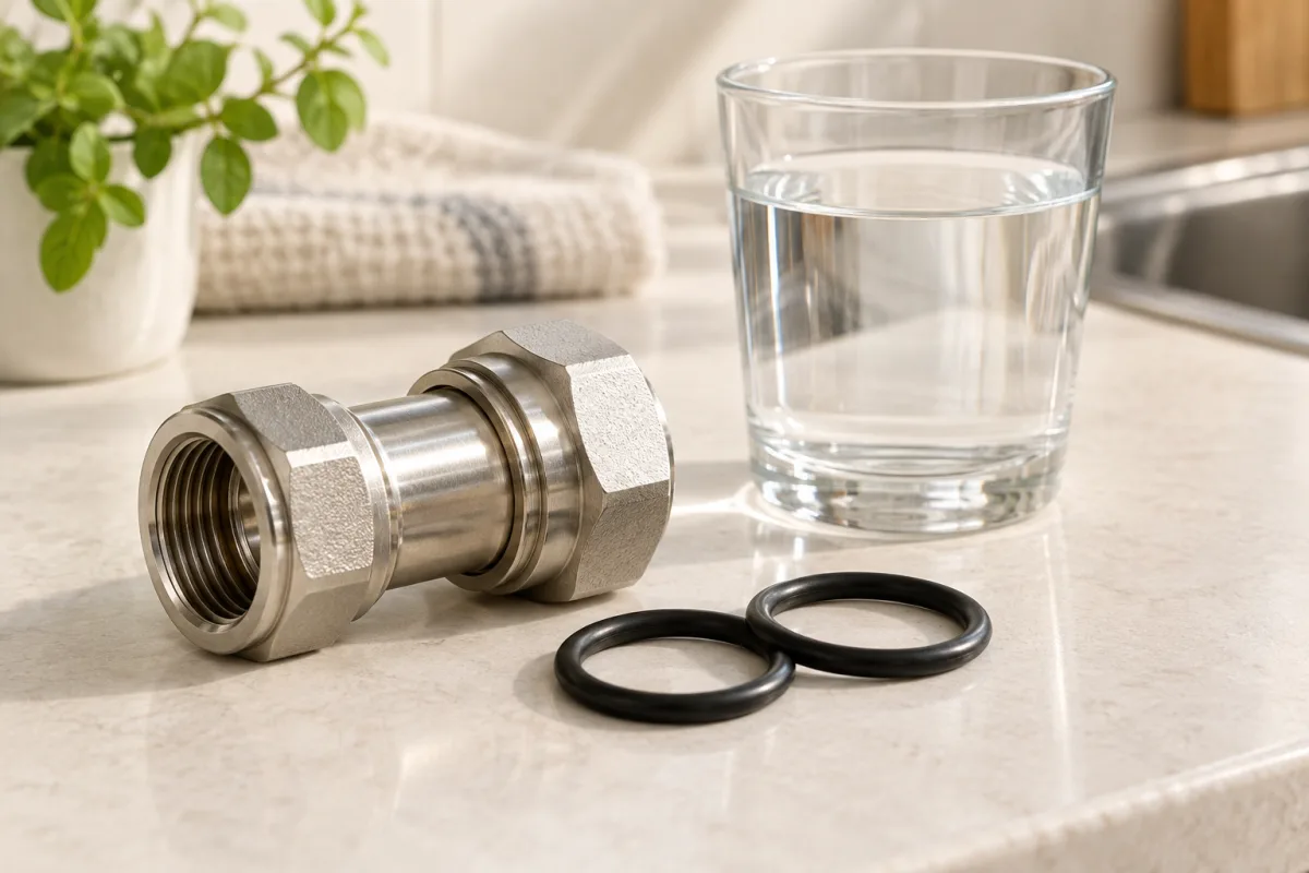 Joints et raccord sanitaire à côté d’un verre d’eau claire.