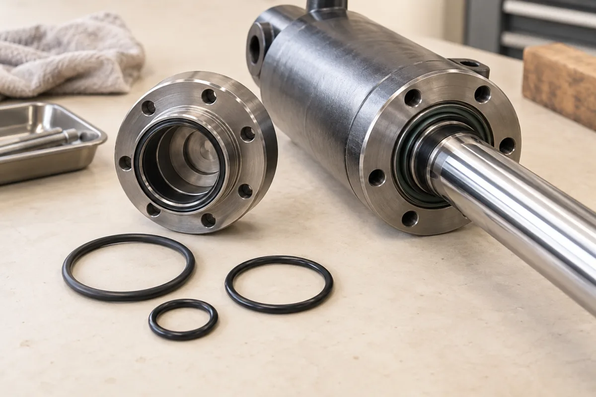 Vérin hydraulique démonté et joints de différentes tailles.