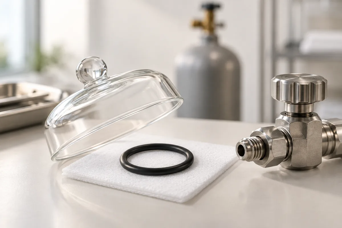 Joint propre sous cloche de verre près d’un raccord de gaz.