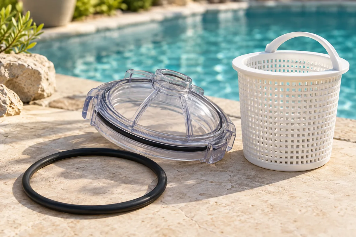 Joint de couvercle près d’un préfiltre de pompe de piscine.